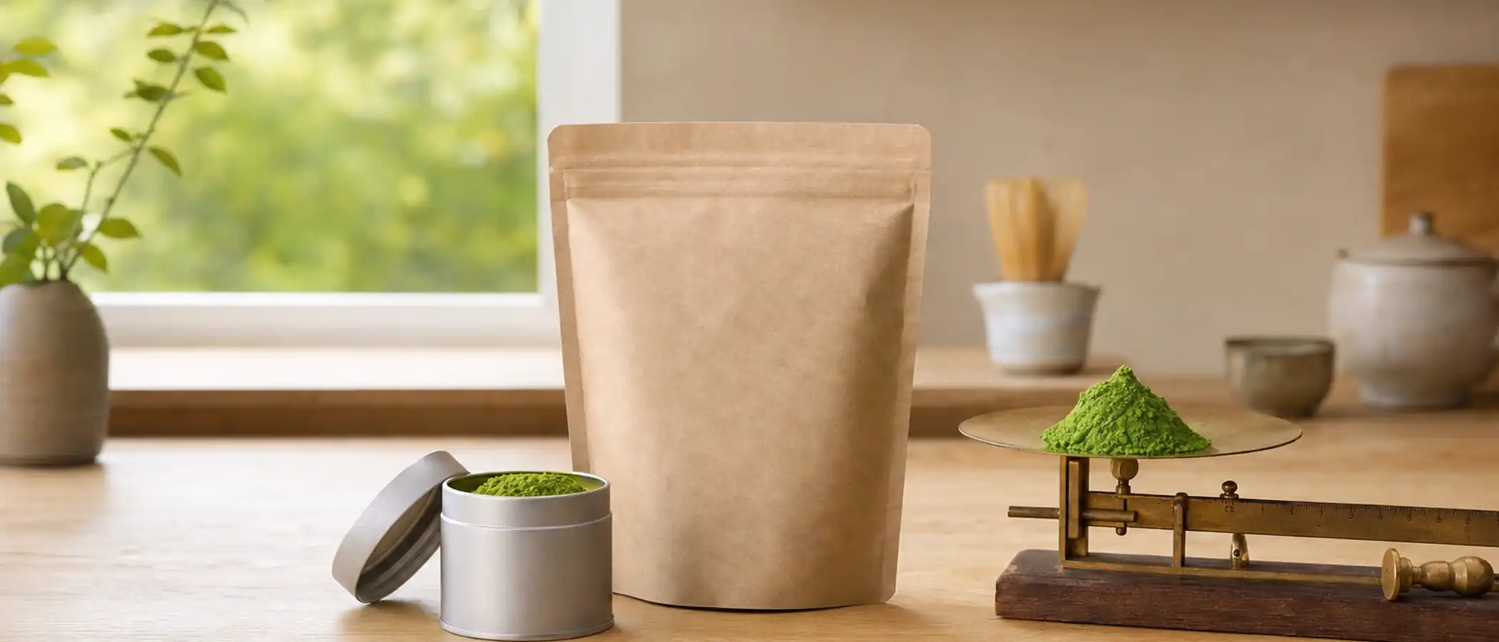Klein metalen blik met groen matchapoeder naast een grote papieren hersluitbare zak matcha op een houten aanrecht, met een keukenweegschaal met een hoopje poeder erop