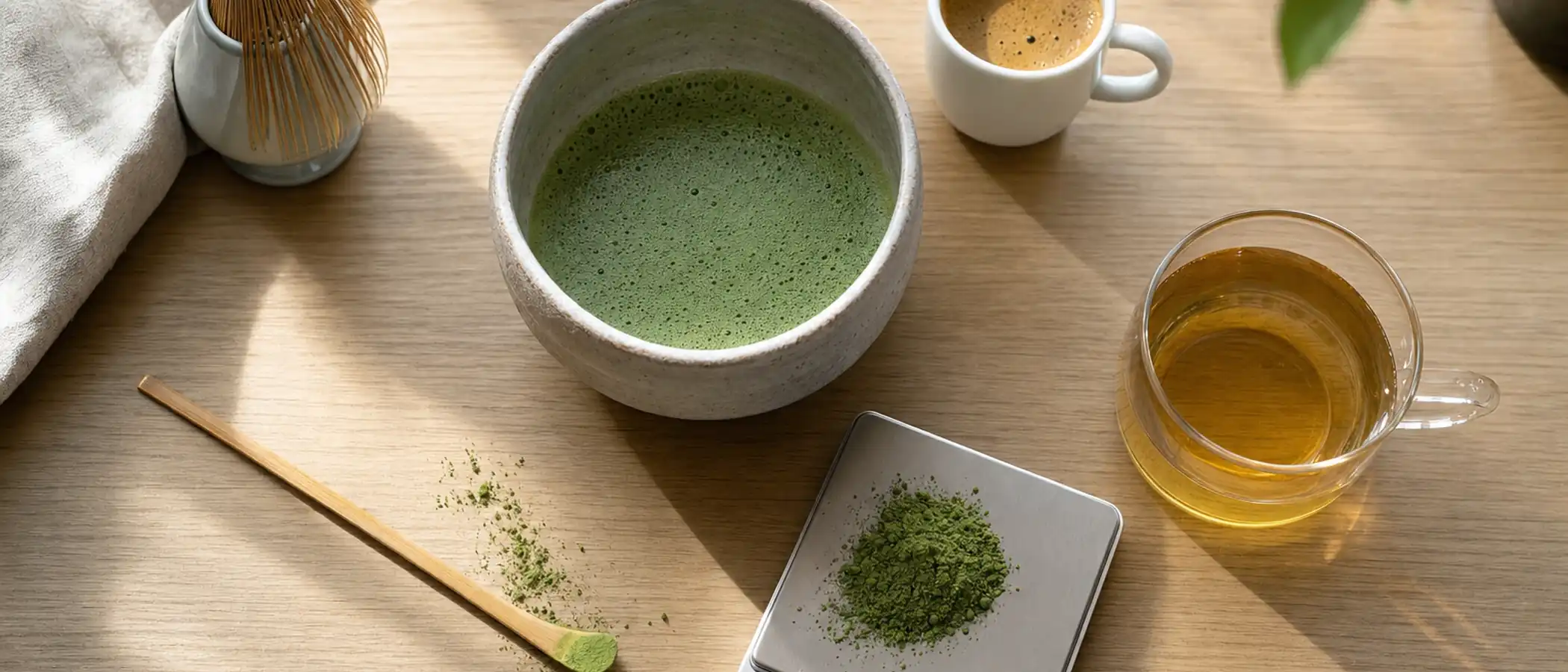 Matcha naast espresso en thee, met een keukenweegschaal voor het afwegen van matchapoeder