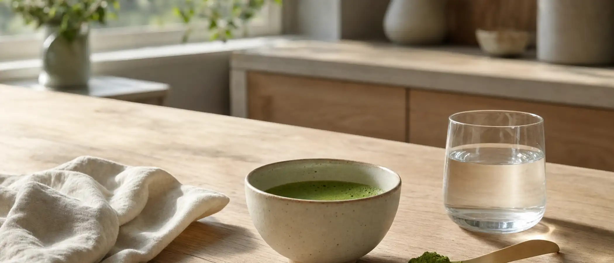 Een kleine kom geklopte matcha naast een glas water en een bamboeschepje met wat groen poeder op een lichte houten keukentafel