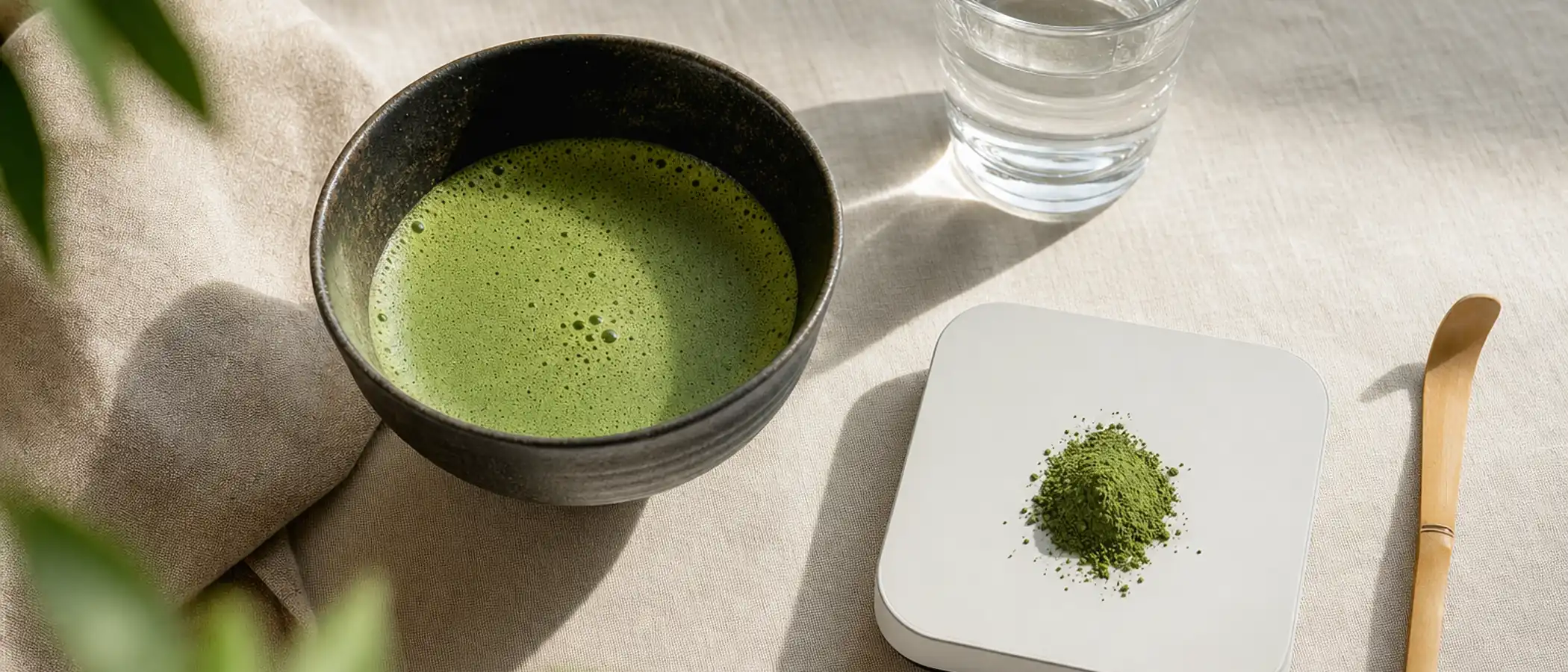 Een kom matcha naast een glas water en een keukenweegschaal met groen poeder op een lichte tafel