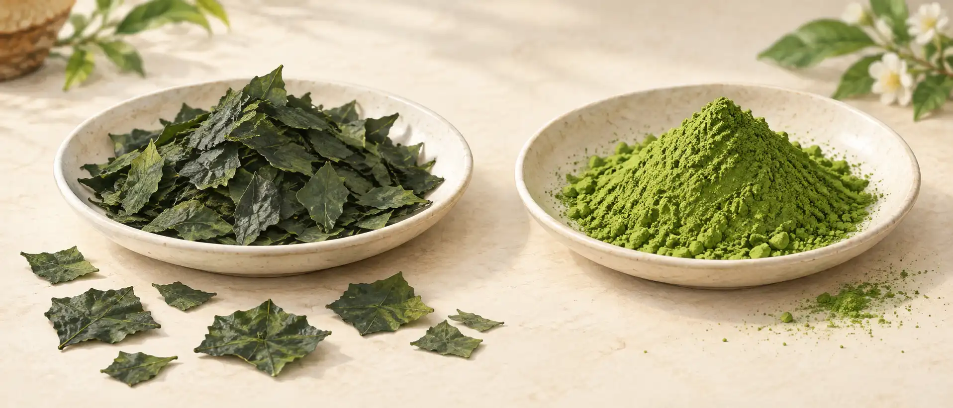 Illustratie van platte, gedroogde groene bladvlokken en fijn matchapoeder in twee lichte schaaltjes