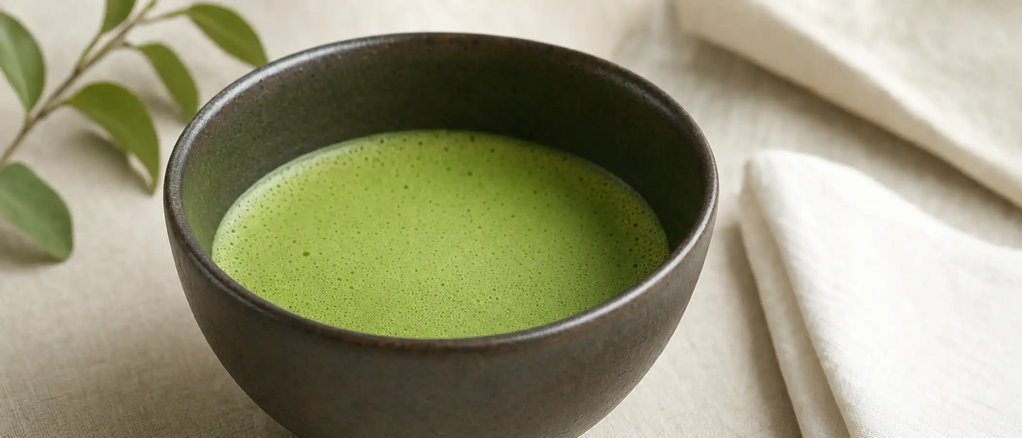 Een brede, diepe keramische matchakom met donkerbruin glazuur, gevuld met felgroene geklopte matcha met fijn schuim, op een linnen doek