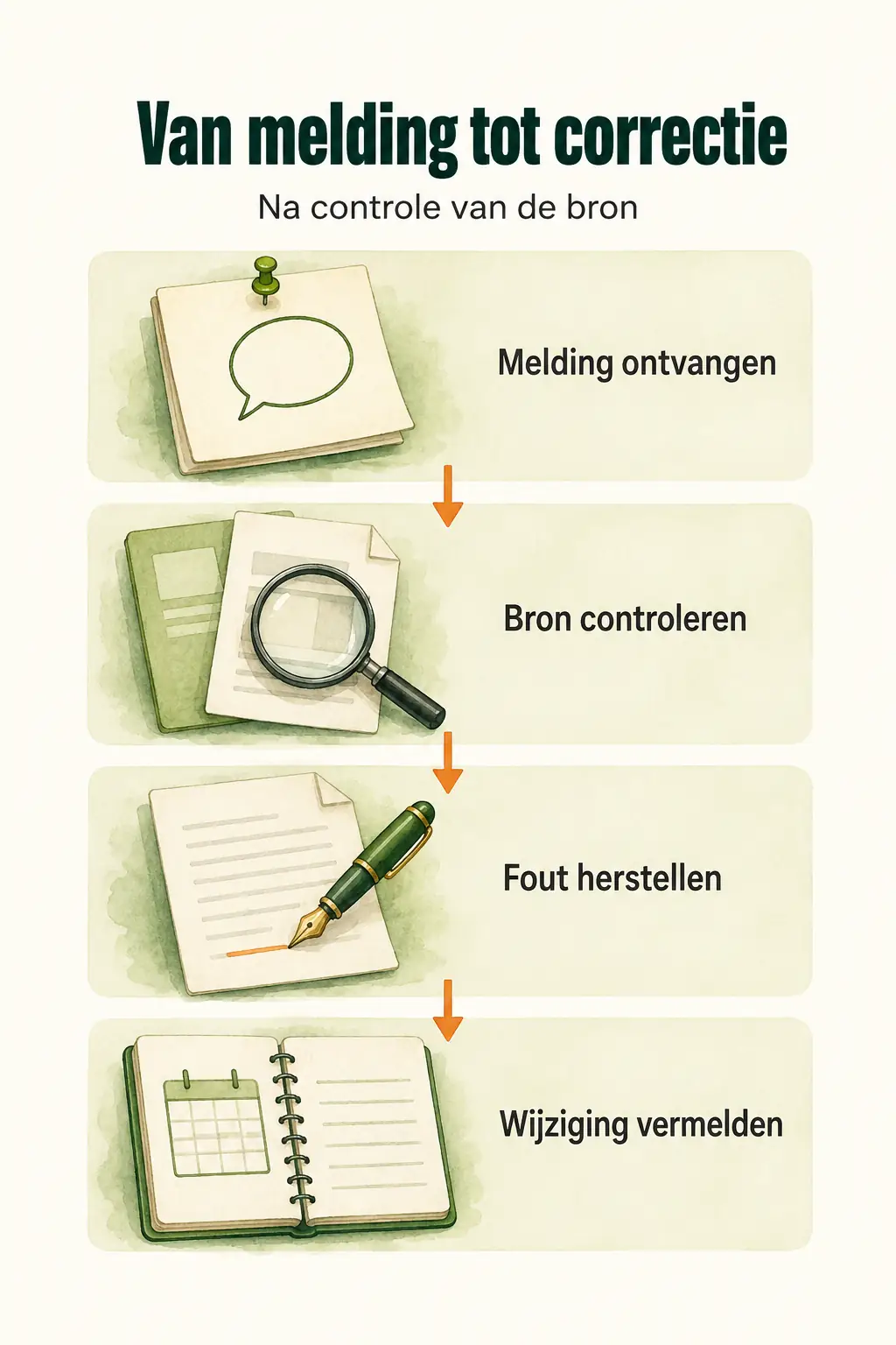 Van melding tot correctie: melding ontvangen, bron controleren, een bevestigde fout herstellen en de inhoudelijke wijziging vermelden bij de uitlegpagina.