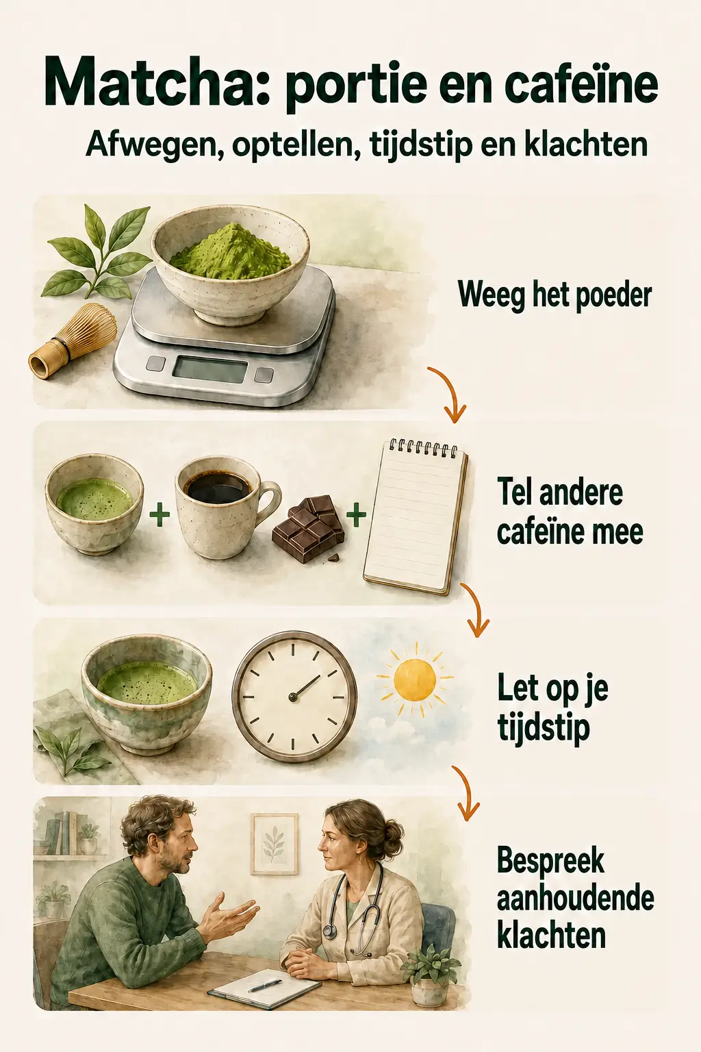 Cafeïne uit matcha bijhouden: weeg het poeder, tel andere cafeïnebronnen mee, let op het tijdstip en bespreek aanhoudende klachten met je huisarts.