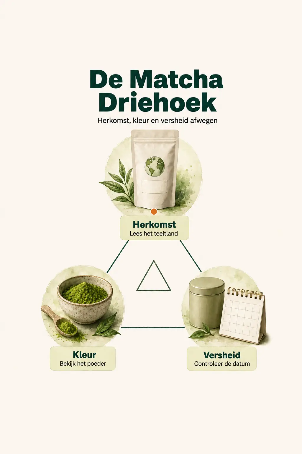 De Matcha Driehoek verbindt drie kenmerken: herkomst, lees het teeltland; kleur, bekijk het poeder; versheid, controleer de datum.