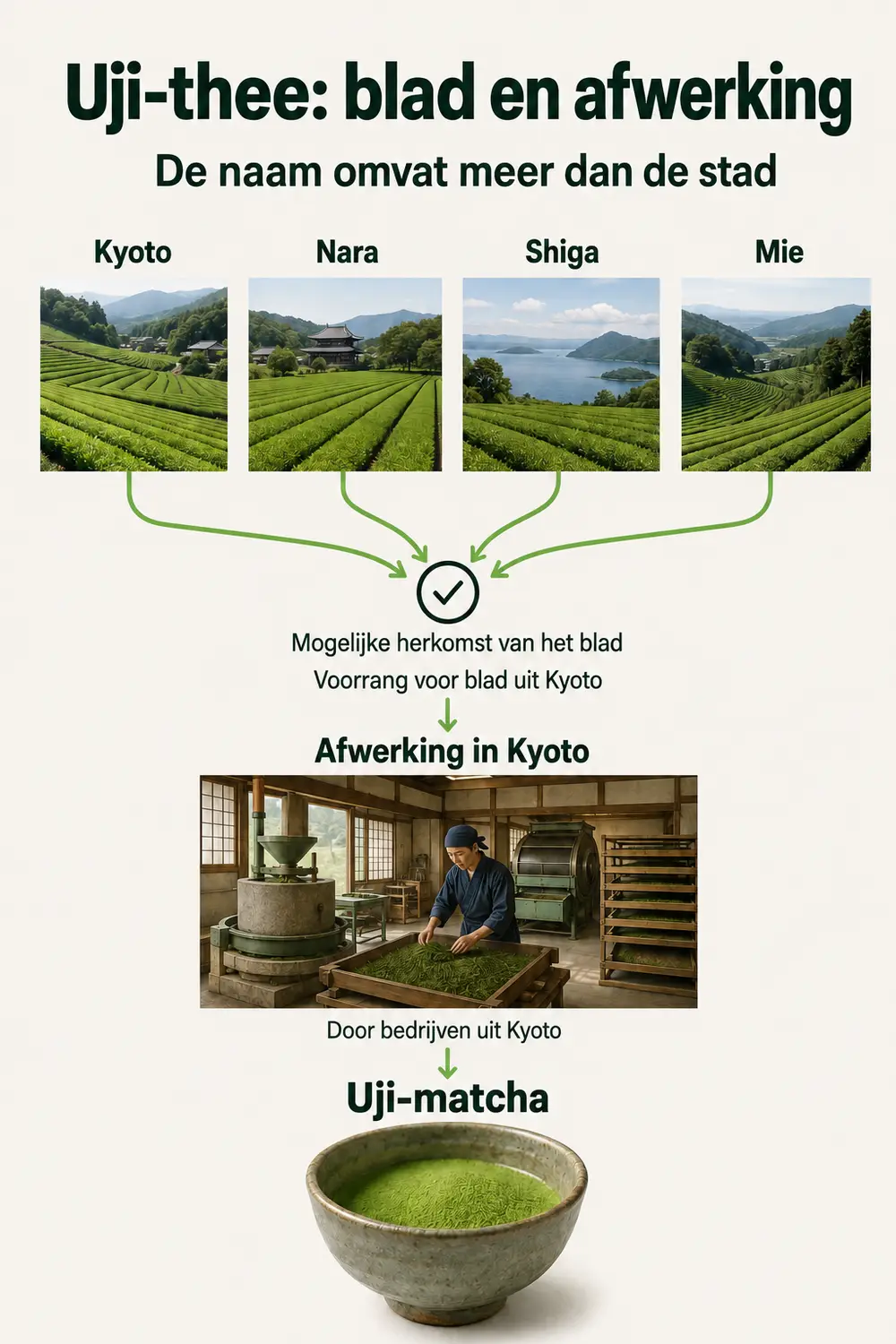 Uji-matcha: blad uit Kyoto, Nara, Shiga of Mie, met voorrang voor Kyoto-blad; afwerking in Kyoto door bedrijven uit Kyoto.