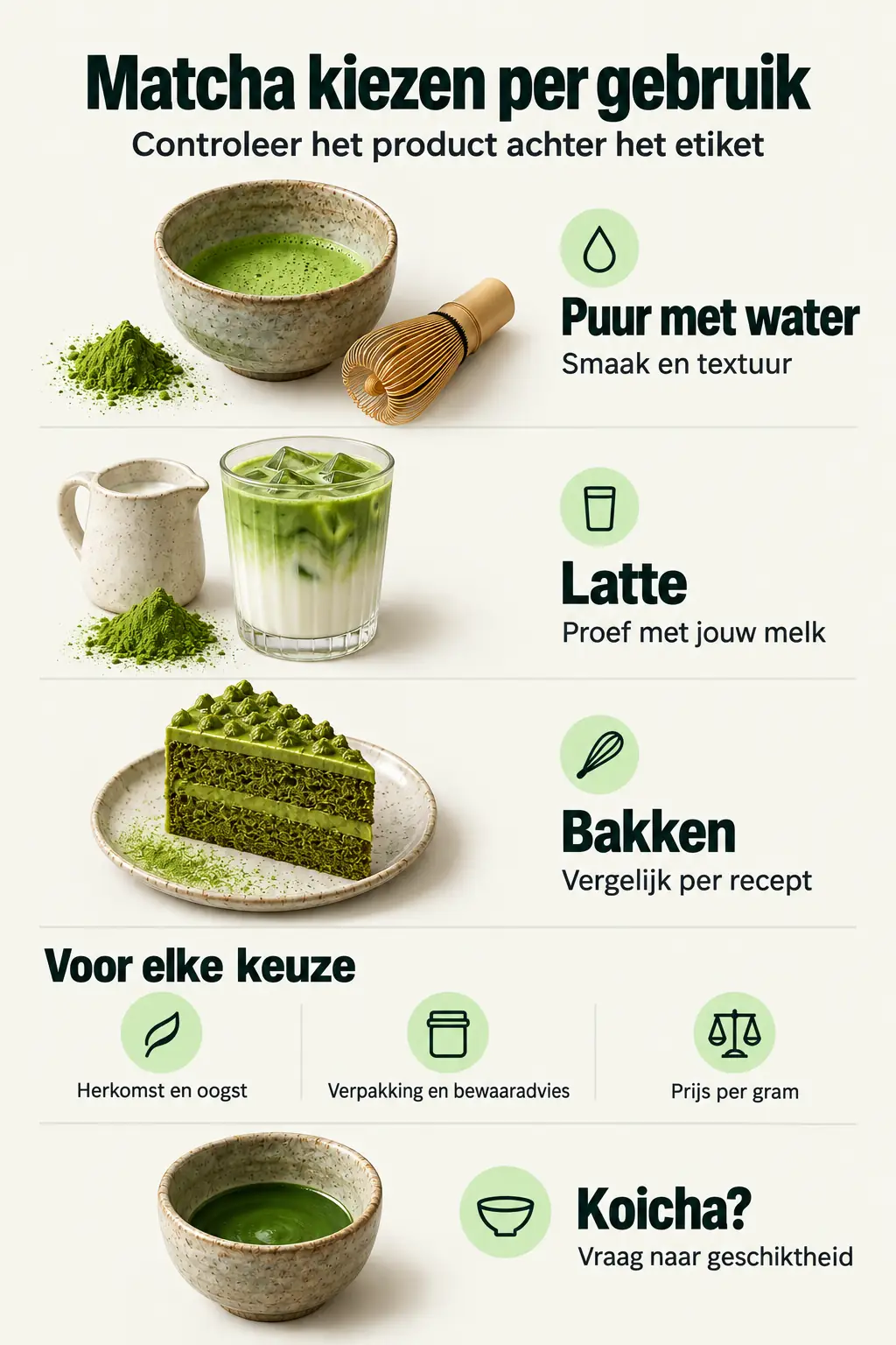 Matcha kiezen per gebruik: bij water smaak en textuur beoordelen, bij latte met jouw melk proeven, bij bakken per recept vergelijken. Voor elke keuze herkomst, oogst, verpakking, bewaaradvies en gramprijs controleren; voor koicha naar geschiktheid vragen.