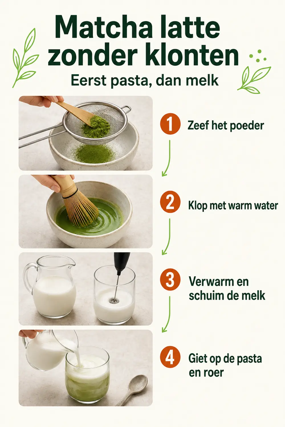 Vier stappen voor warme matcha latte: zeef het poeder, klop met warm water, verwarm en schuim de melk, giet bij het matchamengsel en roer.
