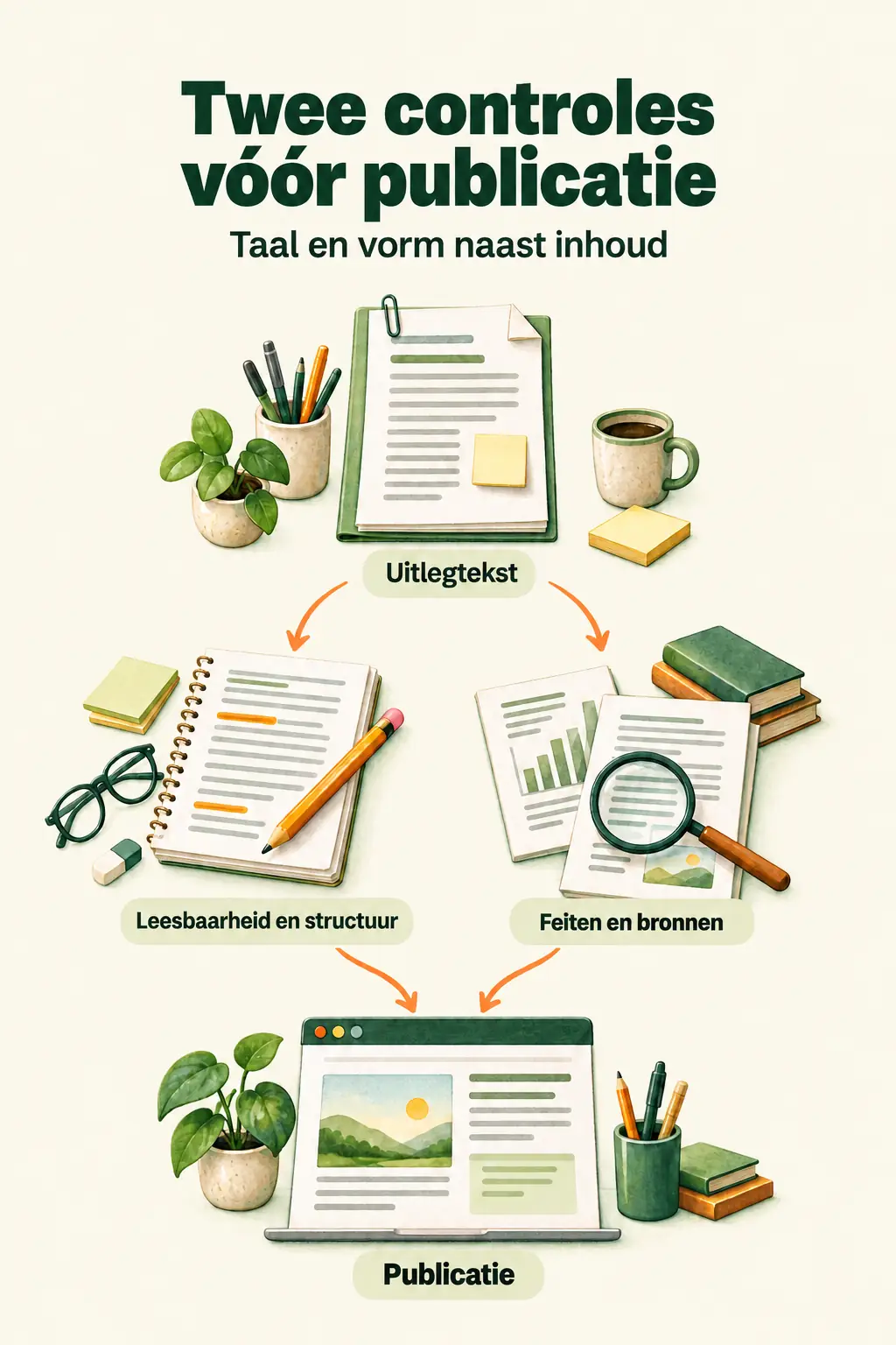 Het redactieproces bestaat uit schrijven, een controle op vorm en een aparte controle op feiten en bronnen. Deze controles zijn geen externe vakreview.
