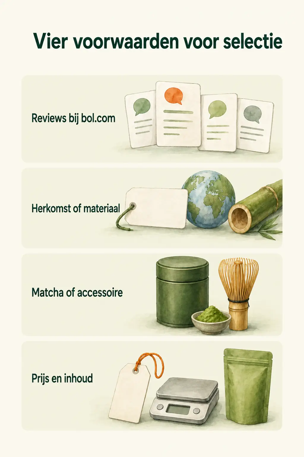 Vier selectievoorwaarden: reviews bij bol.com, herkomst van matcha of materiaal van accessoires, een passend producttype, en een bekende prijs met inhoud bij matchapoeder.